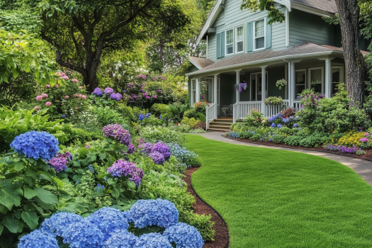 A picturesque house with a wraparound porch, surrounded by vibrant blue and purple hydrangeas, green lawns, and a curved garden path. The lush landscaping enhances the home's cozy and inviting appeal.