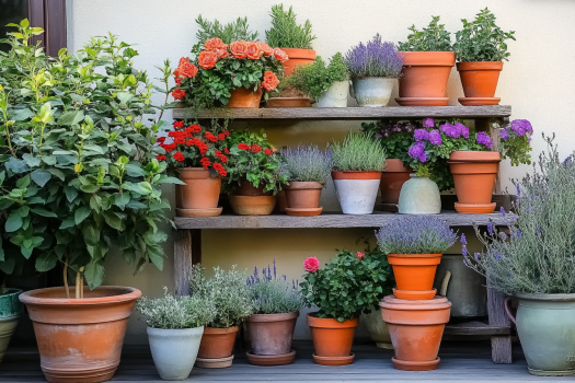 A rustic wooden shelf filled with terracotta pots of colorful flowers, herbs, and greenery, creating a vibrant and cozy outdoor space. Various plants, including roses, lavender, and small shrubs, are arranged neatly against a neutral wall.