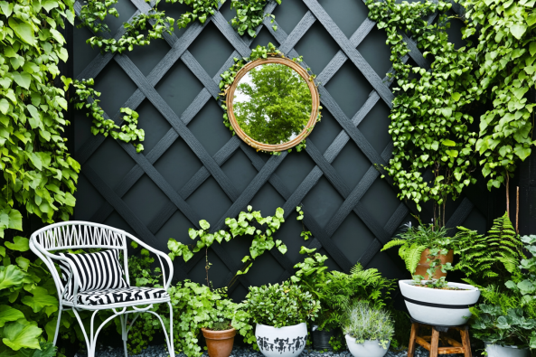 A stylish garden corner with a black trellis wall, lush green climbing plants, a round mirror, and potted ferns. A black-and-white patterned chair and decorative planters add a modern touch to the cozy outdoor space.