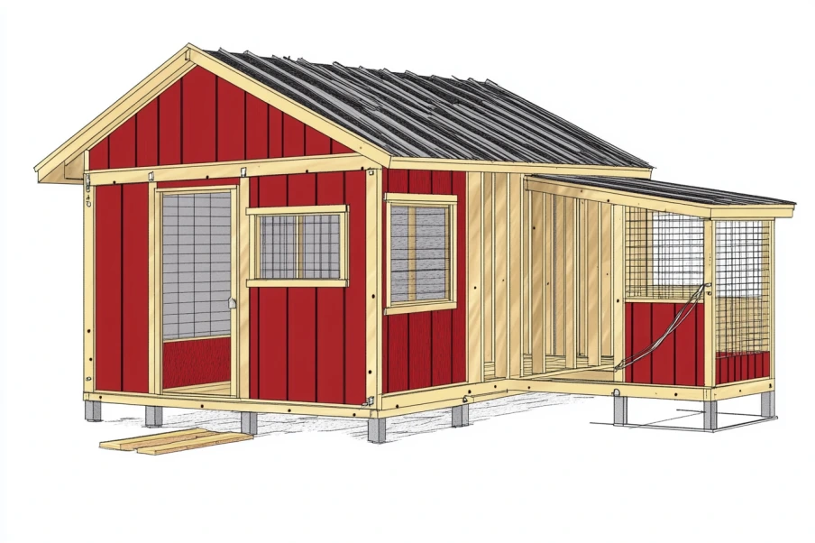 A 3D-rendered illustration of a red and beige chicken coop featuring a slanted roof, a nesting box with a black shingled roof, and a fully enclosed wire mesh run. The structure includes ventilation windows, a main access door, and reinforced wooden framing for stability. The spacious design provides a secure and comfortable environment for backyard poultry.