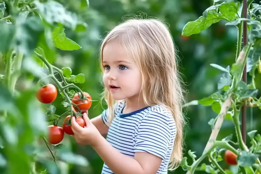 Young girl in a striped shirt holding ripe red tomatoes on the vine in a lush green garden, looking curious