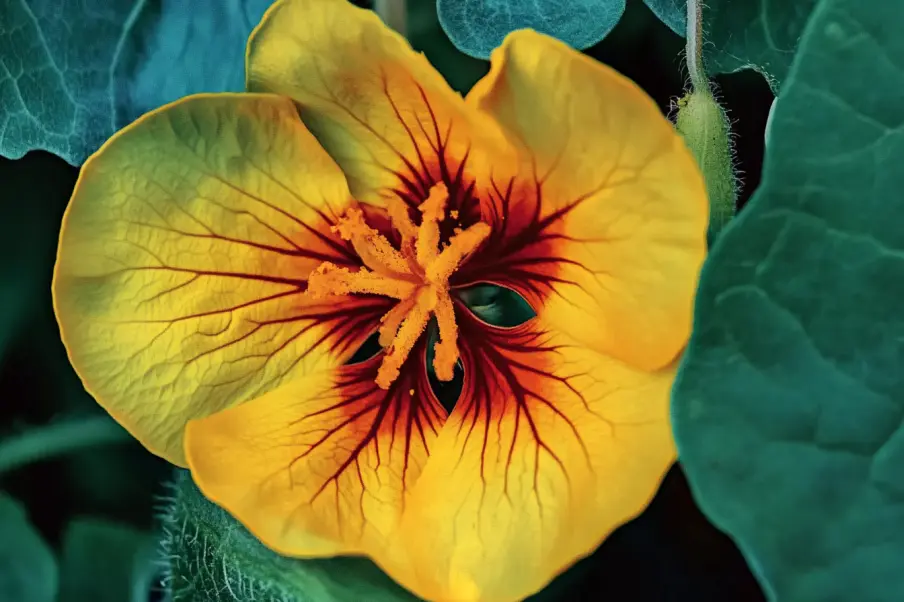 A detailed close-up of a bright yellow nasturtium flower with delicate red markings near its center, surrounded by lush green leaves. The intricate details of the petals and stamens are highlighted against a softly blurred background, creating a striking contrast.