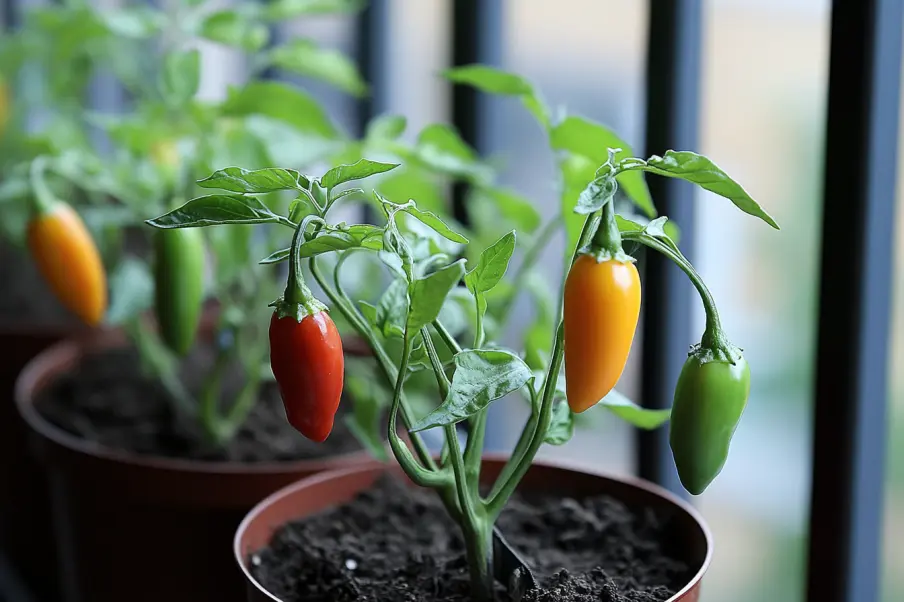 A close-up of chili pepper plants in pots, showing peppers in various stages of ripeness—green, yellow, and red. The urban balcony setting highlights a thriving container garden, ideal for homegrown produce.