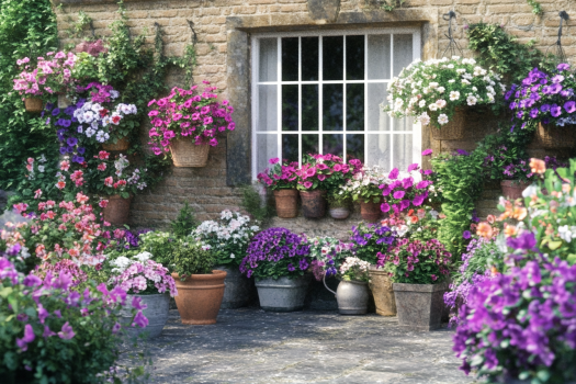 A charming stone cottage with a window framed by cascading hanging baskets and potted flowers in shades of pink, purple, and white. The lush floral arrangement creates a picturesque, cozy garden retreat.