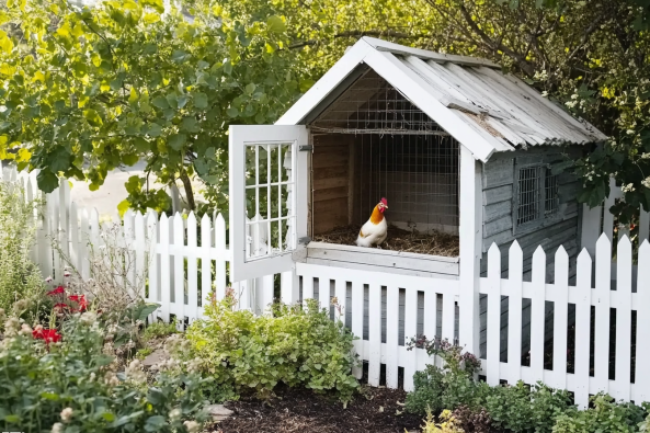 A charming backyard scene featuring a rustic wooden chicken coop with an open window, housing a single white and brown rooster, surrounded by a white picket fence and lush garden plants.