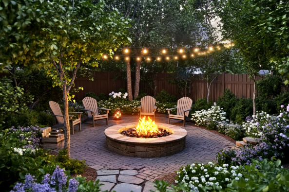 A beautifully landscaped backyard featuring a circular stone fire pit surrounded by Adirondack chairs, lush greenery, and blooming flowers. String lights add a warm ambiance, creating a perfect outdoor gathering space for relaxation and socializing.