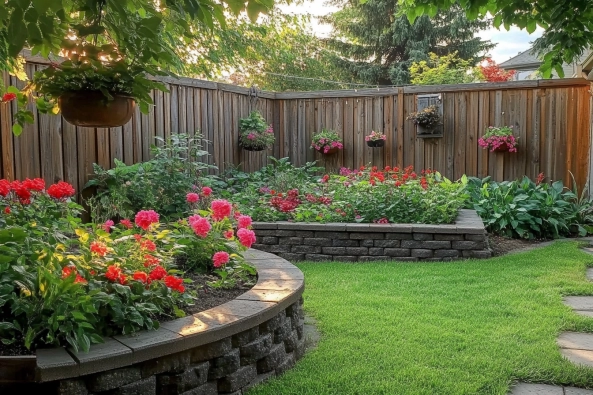 A beautifully landscaped backyard with lush green grass, raised brick flower beds filled with vibrant red and pink flowers, and a wooden fence adorned with hanging flower baskets. The late afternoon sunlight casts a warm glow over the garden, creating a peaceful and inviting atmosphere. A curved stone pathway adds charm to the neatly maintained outdoor space.