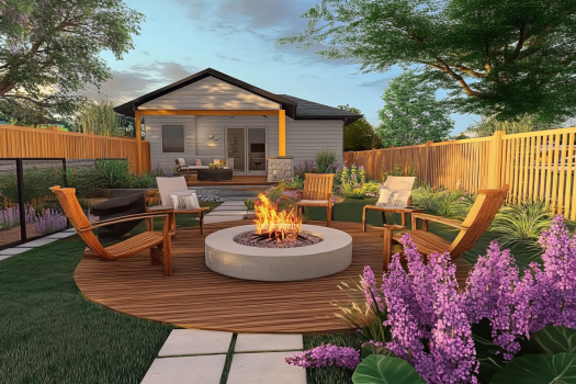 A beautifully landscaped backyard featuring a circular fire pit surrounded by four wooden lounge chairs on a wooden deck. The space is enclosed by a warm-toned wooden fence, with lush greenery and vibrant purple flowers enhancing the setting. A stone pathway leads to a modern, single-story house with a covered patio furnished with outdoor seating. Soft lighting and the fire's glow create a cozy and inviting ambiance, perfect for relaxation and gatherings. Tall trees provide shade, completing the serene outdoor retreat.