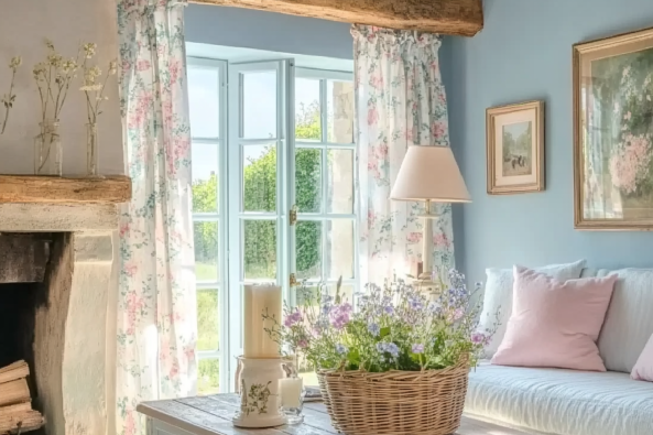 A beautifully decorated French country-style living room featuring a soft blue color palette, floral curtains, and rustic wooden beams. The room is filled with natural light from large open windows overlooking a lush garden. A wicker basket with fresh lavender sits on a wooden coffee table, accompanied by candles and delicate decor. A white cushioned bench with pastel pillows adds to the inviting and cozy ambiance.