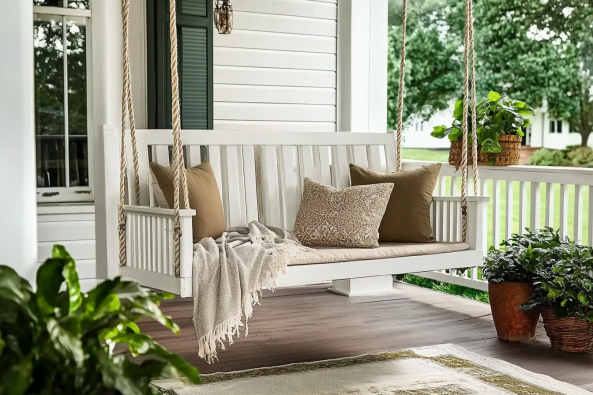 A beautifully styled white wooden porch swing suspended by thick ropes on a covered porch. The swing is adorned with neutral-toned throw pillows and a soft knitted blanket draped over the seat.