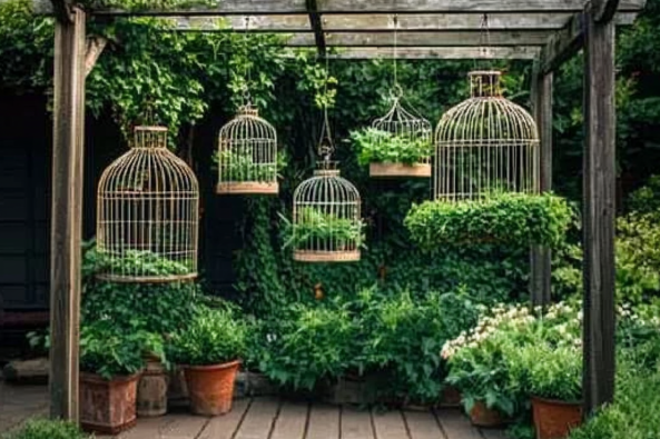 A beautifully decorated garden with hanging birdcages repurposed as planters, filled with lush green plants, under a wooden pergola surrounded by potted plants and climbing vines.