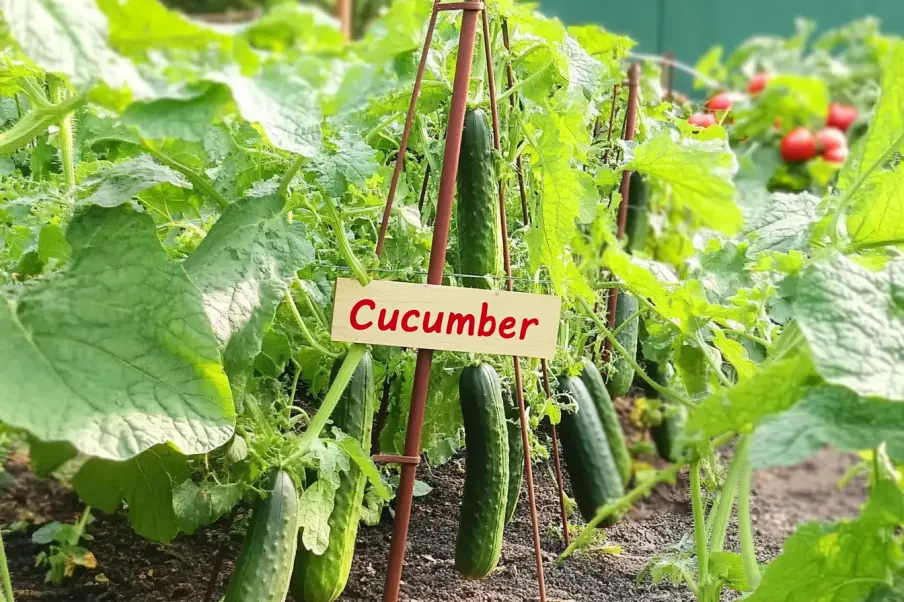 A vibrant garden with cucumber plants growing on a trellis, supported by wooden stakes. A small sign labeled "Cucumber" is placed among the plants. In the background, tomato plants with ripe red tomatoes are visible. The scene is lush and green, with healthy leaves and soil.