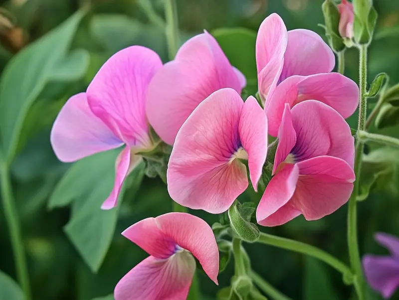 A close-up of pink sweet pea flowers with soft, delicate petals and hints of purple at the base. The blossoms are clustered together, set against a lush green background of leaves and stems, creating a fresh and vibrant garden scene.