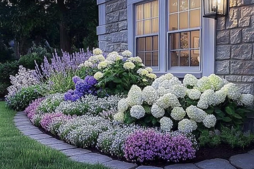 A beautifully landscaped flower bed featuring lush white hydrangeas, purple lavender, and small delicate blooms. The curved stone border enhances the garden's design, complementing the stone house exterior with warm-lit windows.