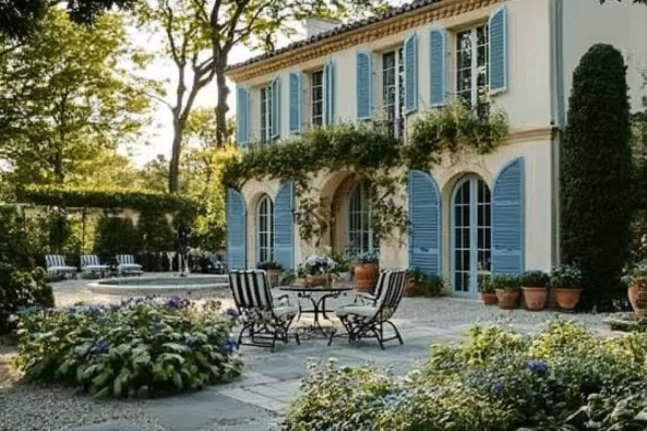 A charming French country-style house with cream-colored walls and blue wooden shutters, surrounded by a lush garden. The house features arched doorways, climbing vines, and potted plants that add to its rustic elegance. In the foreground, a cozy outdoor seating area with a wrought-iron table and chairs is set on a stone patio, surrounded by greenery and blooming flowers. The background includes tall trees and a peaceful courtyard with lounge chairs, creating a serene and inviting atmosphere.