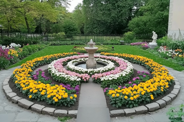 A beautifully landscaped garden featuring a circular flower arrangement surrounding a classic stone fountain. The vibrant flower beds consist of yellow, pink, white, and purple blossoms, symmetrically arranged in concentric circles, bordered by a stone pathway. Lush green grass and additional colorful flower beds extend into the background, with a black wrought iron fence and trees adding depth to the serene outdoor setting. A white statue can be seen on the right side, enhancing the garden's elegance.