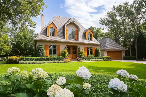 A beautiful house with a manicured lawn, vibrant landscaping, and white hydrangea flowers in the foreground. The home features a steep roof, warm wooden shutters, and a welcoming front porch, surrounded by greenery and mature trees.