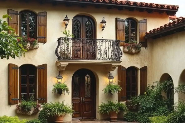 A stunning Mediterranean-style home with warm stucco walls, wooden shutters, and a wrought-iron balcony. The entrance features arched doorways, potted plants, and vintage lanterns, creating a charming and inviting atmosphere.