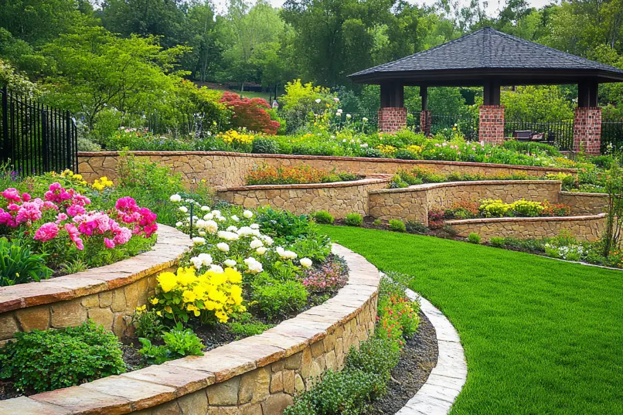 A beautifully landscaped tiered garden with curved stone retaining walls, colorful flower beds, and lush green grass. A wooden gazebo with brick pillars sits in the background, providing a shaded retreat within the vibrant outdoor space.