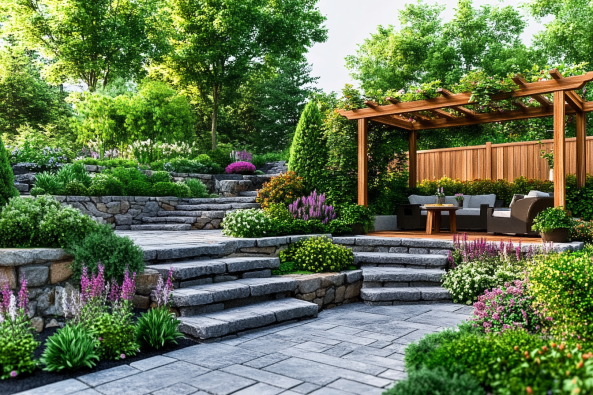 A beautifully landscaped tiered garden featuring stone steps, lush greenery, and vibrant flowers. A wooden pergola with cozy outdoor seating provides a relaxing retreat, surrounded by manicured plants and natural stone elements.