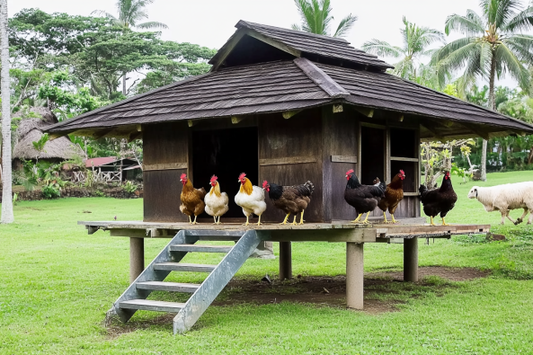 A rustic wooden chicken coop elevated on stilts, with a slanted roof and an open entrance. A metal staircase leads up to the coop, where a group of colorful chickens, including brown, black, and white ones, stand in a row on the edge of the platform.