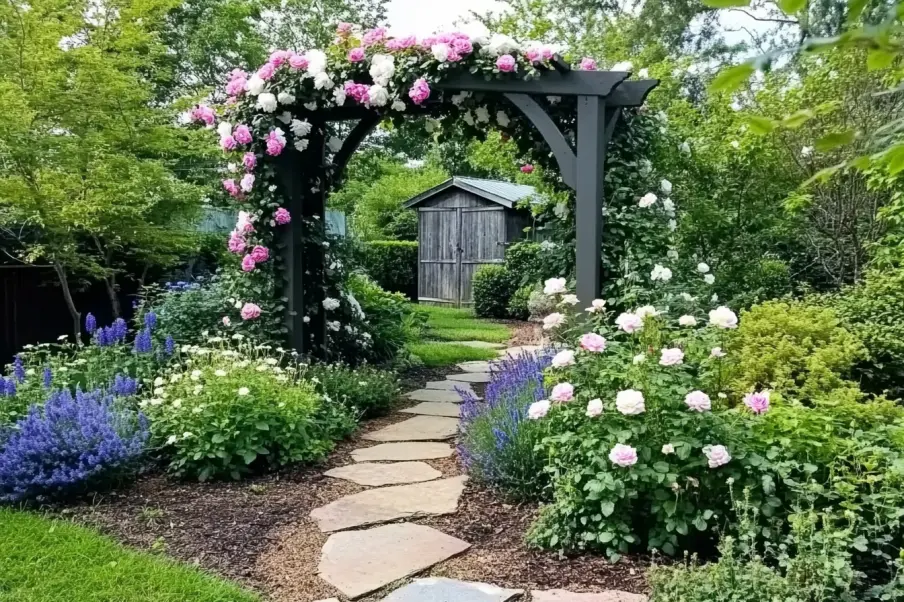 A picturesque garden featuring a stone pathway leading through a wooden arch covered in pink and white roses. Lush greenery and blooming flowers surround the path, leading to a rustic wooden shed in the background