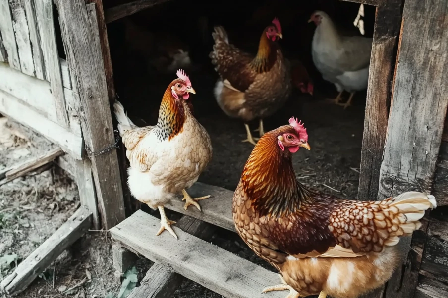 A group of chickens, including brown and white hens, gathered around the entrance of a rustic wooden coop. Two hens stand on a small wooden ramp leading outside, while others remain inside the dimly lit coop. The aged wooden structure and natural dirt surroundings give a cozy, farm-like atmosphere.