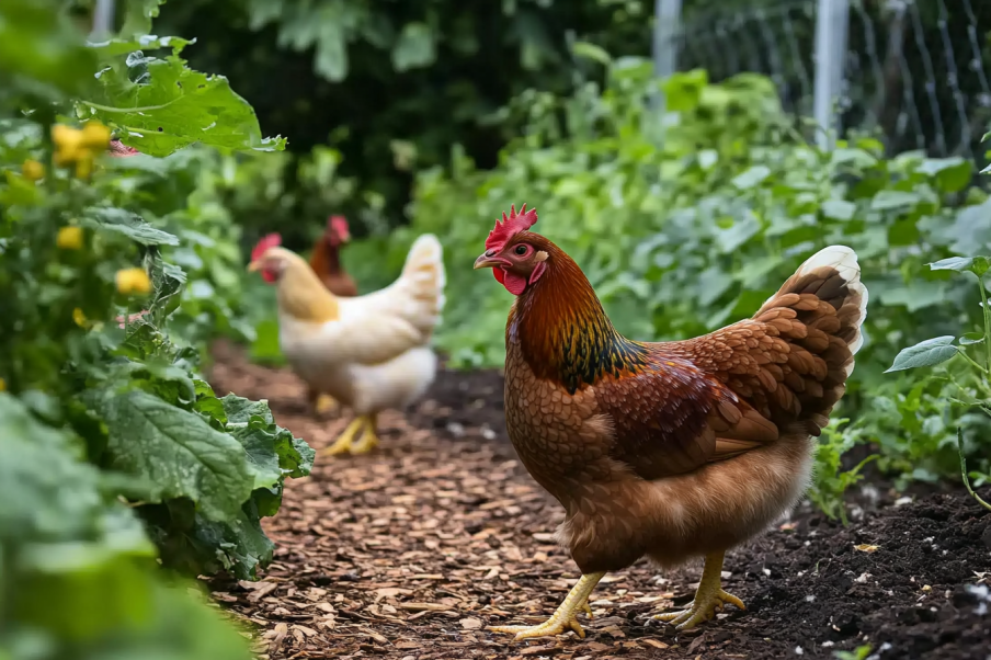 A group of chickens, including brown, cream, and black-feathered hens, roam freely on a mulch-covered garden path. Lush green plants with dew-covered leaves line the path, leading to a white garden gate in the background. The scene captures a peaceful farm-like setting.