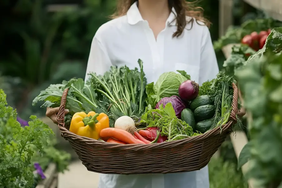 A woman in a white shirt holds a wicker basket filled with freshly harvested vegetables, including cucumbers, carrots, bell peppers, onions, cabbage, and leafy greens. The background shows a lush garden with various plants growing.