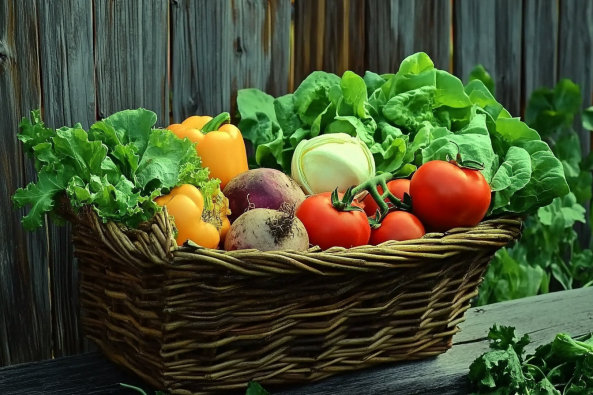 A rustic woven basket filled with fresh organic vegetables, including bright red tomatoes, leafy green lettuce, yellow bell peppers, turnips, and onions, sitting on a wooden surface against a wooden fence backdrop. The vibrant colors and natural textures highlight the freshness of the produce.