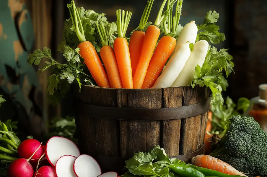 A rustic wooden bucket filled with freshly harvested orange carrots and white radishes, surrounded by leafy greens. Sliced radishes, broccoli, and other vegetables add to the vibrant display, creating a farm-fresh, organic atmosphere.