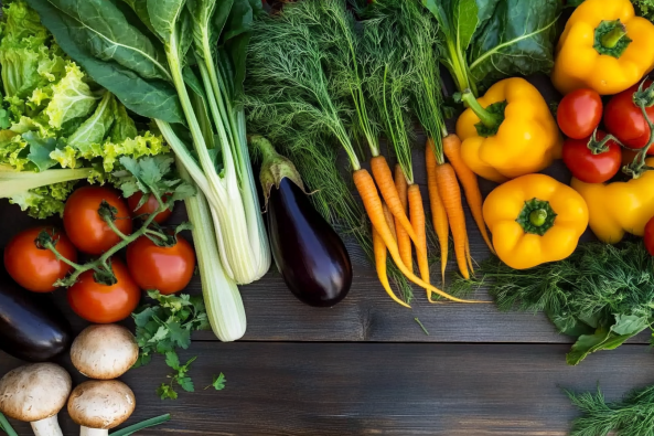 A vibrant assortment of fresh organic vegetables arranged on a dark wooden table. The selection includes tomatoes, yellow bell peppers, carrots with green tops, eggplant, celery, leafy greens, mushrooms, and herbs like dill and cilantro. The vegetables are fresh, colorful, and neatly organized.