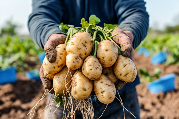 A farmer holding a large bundle of freshly harvested potatoes, still covered in soil, with green leaves attached. The background shows a thriving potato field with blue harvesting containers scattered throughout.