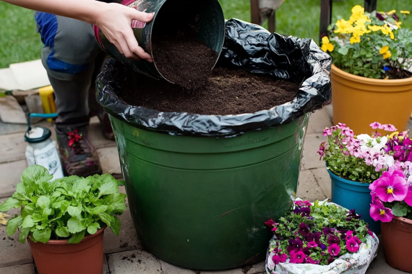 A person pouring soil into a green plastic container lined with a black plastic bag, surrounded by various potted flowers and plants on a patio.