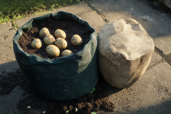 : A fabric grow bag filled with soil and freshly harvested potatoes sits on a stone surface beside a burlap sack. The outdoor setting highlights a practical and space-efficient method for home gardening and potato cultivation.