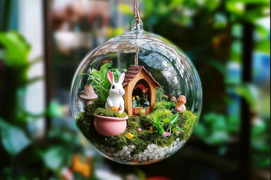  A beautiful hanging glass terrarium featuring a miniature garden with lush green moss, small plants, and tiny decorative figurines, including a rabbit, a rooster, a clay pot, and a small house. The clear glass sphere allows a full view of the intricate details inside, creating a whimsical and charming display. The background is softly blurred, showcasing a lush, green environment.