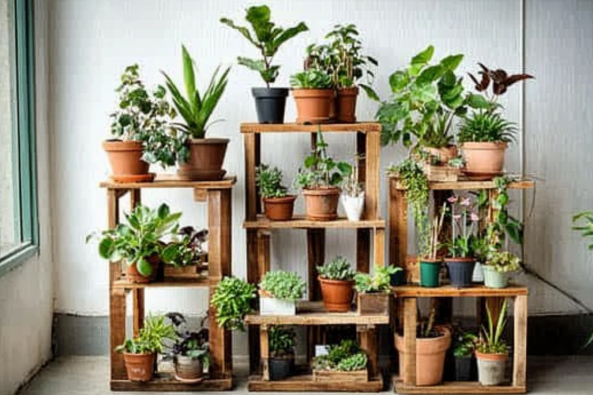 A collection of vibrant potted plants arranged on rustic wooden shelves against a white wall near a window. The plants vary in size and type, including leafy greens, succulents, and flowering varieties, housed in terracotta, ceramic, and plastic pots. The natural light from the window enhances the lush greenery, creating a cozy and refreshing indoor garden setting.