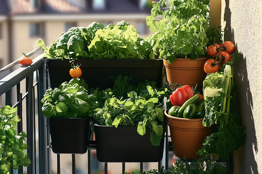 A thriving urban balcony garden with potted vegetables and herbs, including lettuce, tomatoes, cucumbers, and peppers. The space is filled with greenery in black and terracotta pots, making use of vertical space for a compact yet productive garden.