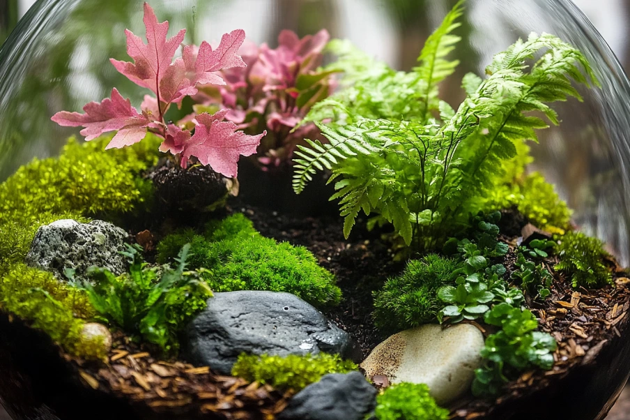 A detailed close-up of a closed terrarium featuring vibrant green moss, ferns, and pink-veined Fittonia plants. Small decorative elements such as smooth stones, bark, and soil create a miniature natural landscape. The glass enclosure provides a humid environment, enhancing the freshness and lushness of the plants.