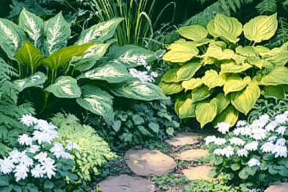 A tranquil garden pathway made of irregularly shaped stepping stones, surrounded by dense greenery and flowering plants. Large hosta plants with variegated and golden leaves create a lush atmosphere, complemented by delicate white flowers. Ferns and other foliage add depth and texture to the shaded garden setting. The soft lighting and abundant greenery make this a peaceful and inviting natural retreat.