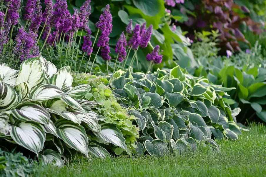 A beautifully landscaped garden featuring variegated hosta plants with large green and white leaves. Tall purple flowers bloom in the background, adding contrast to the rich greenery. The setting is lush and well-maintained, creating a serene outdoor space.