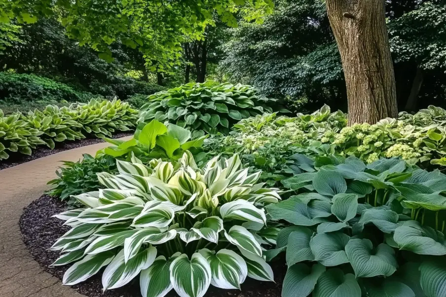 A beautifully landscaped garden featuring a variety of hosta plants with large, vibrant green and variegated leaves. The plants are arranged in layers, creating a rich, textured look. A paved pathway borders the garden, leading into a serene, tree-filled background.