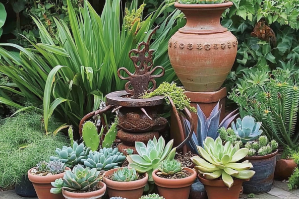 A vibrant outdoor succulent garden featuring an array of potted succulents in terracotta pots. The plants display various shades of green and blue, with some having spiky leaves and others smooth, rounded foliage. A rustic metal water feature with an aged patina sits in the center, accompanied by a large decorative terracotta urn placed on a pedestal.