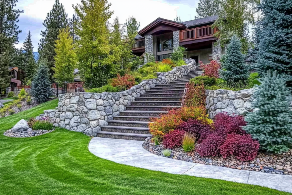 A beautiful modern home surrounded by lush greenery, featuring a grand stone staircase leading up to the entrance. The landscaping includes well-manicured lawns, vibrant shrubs, and mature trees, creating a serene and elegant outdoor setting. The house has a rustic yet sophisticated design with wooden balconies and large windows, nestled in a scenic natural environment.