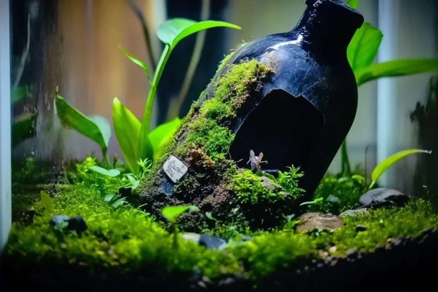 A close-up of a lush terrarium featuring a broken black bottle covered in vibrant green moss. Small plants grow around and inside the bottle, creating a tiny ecosystem. The scene is surrounded by rich foliage, rocks, and a soft natural glow, giving it a mystical and enchanting feel