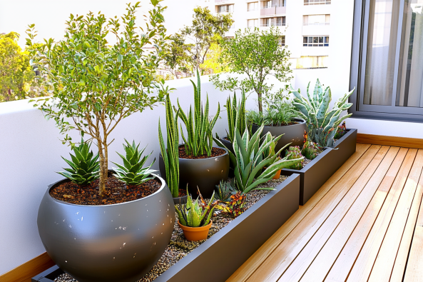 A stylish balcony garden featuring sleek black planters and round pots filled with succulents, aloe, and small trees. The wooden decking and white walls create a contemporary outdoor space with a mix of greenery and natural textures.