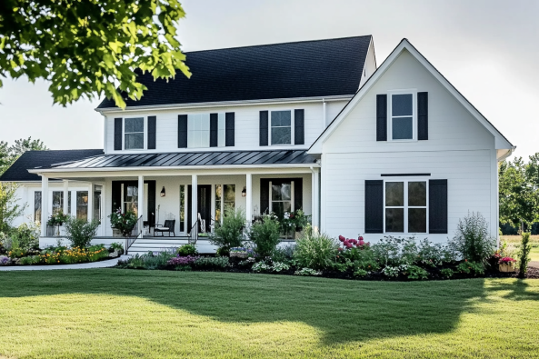 A beautiful white farmhouse with black shutters, a covered front porch, and a well-manicured lawn. The front yard features vibrant flower beds and greenery, creating a welcoming and picturesque landscape.