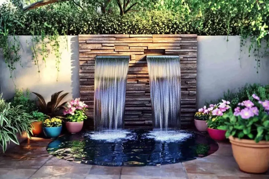 A serene outdoor space featuring a double waterfall flowing from a stacked stone wall into a small reflective pond. Lush greenery and colorful potted flowers surround the water feature, creating a peaceful and stylish garden retreat.