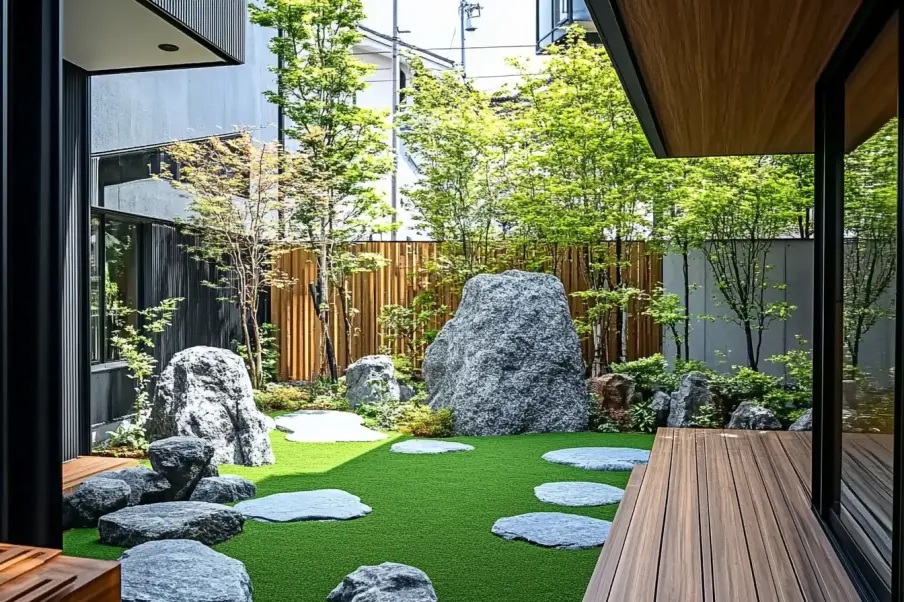 A serene Japanese-style courtyard featuring large natural stones, stepping stones, artificial grass, and minimalist trees. The tranquil space is enclosed by wooden fencing and modern architecture, creating a harmonious blend of nature and design.