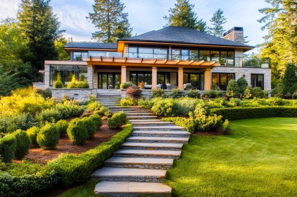 A stunning modern home with floor-to-ceiling glass windows, a stone facade, and a spacious balcony. The front yard features lush green landscaping with neatly trimmed shrubs, a manicured lawn, and a stone pathway leading up to the entrance. The house is surrounded by tall trees, providing a natural and serene backdrop.